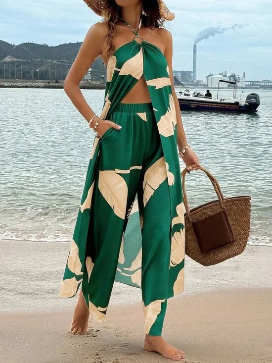 Dark Green Boho Women's Plant Print Halter Crop Top & Straight Leg Pants Set - Picture 5 of 6